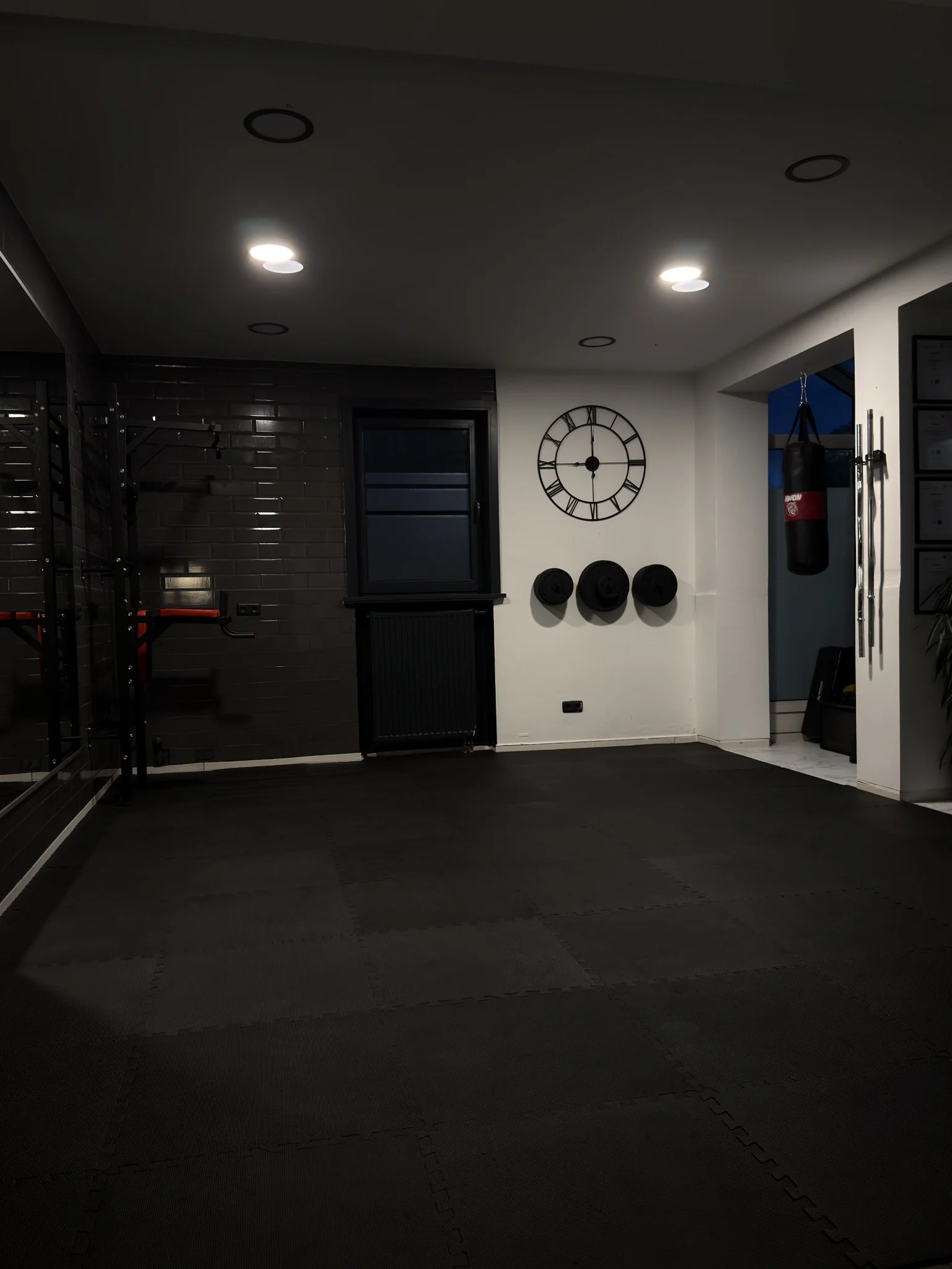 Freie Trainingsfläche mit Sprossenwand und Gewichten im privaten Studio in Garching